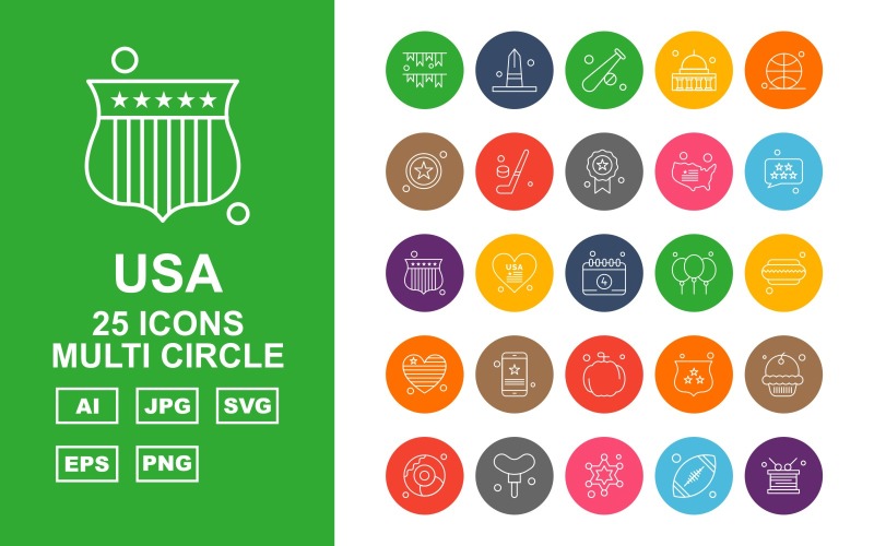 Sada ikon 25 Premium USA Multi Circle