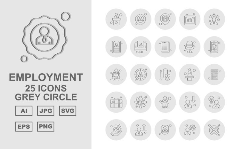 Conjunto de ícones de círculo cinza de 25 empregos premium