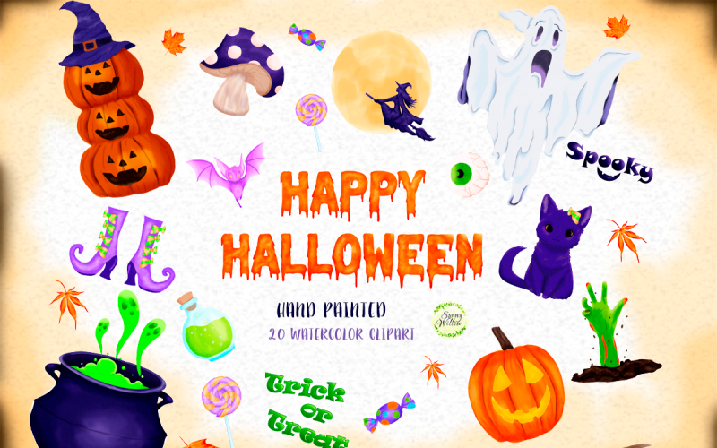 Download Иллюстрация "Halloween Watercolor Clipart - Illustration" / Halloween Watercolor Clipart - Illustration - Иллюстрация на тему графика watercolor halloween clipart,autumn clipart,pumpkin,witch,bat,zombie,ghost,mushroom,cat,candy,greeting card,kids halloween prints,halloween greeting card,invitation