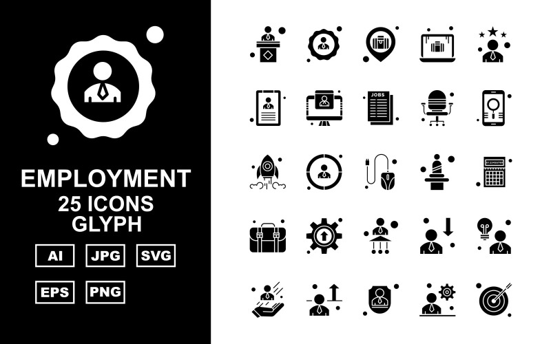 Download Набор иконок "25 Premium Employment Glyph Icon Set" / 25 Premium Employment Glyph Icon Set - Набор иконок lecture,focus,avatar,worker,employee,aim,briefcase,laptop,cv,lcd,curriculum vitae,chair,mobile,rocket,mouse,user,calculator,baggage,setting,icon