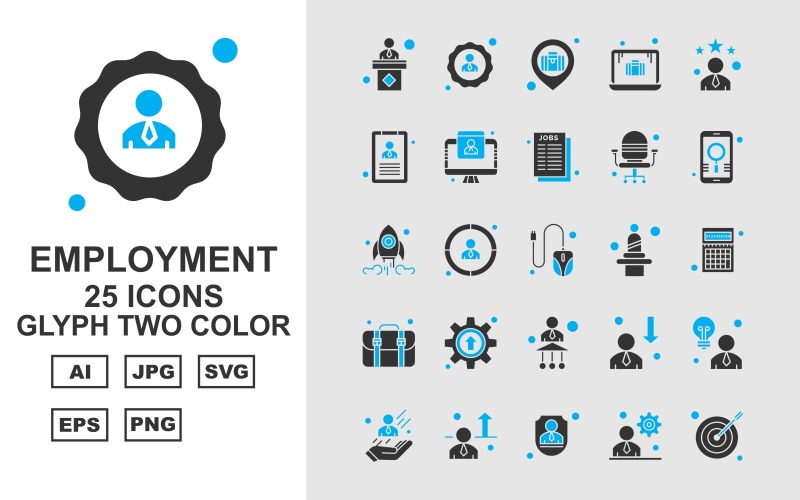 Download Набор иконок "25 Premium Employment Glyph Two Color Icon Set" / 25 Premium Employment Glyph Two Color Icon Set - Набор иконок lecture,focus,avatar,worker,employee,aim,briefcase,laptop,cv,lcd,curriculum vitae,chair,mobile,rocket,mouse,user,calculator,baggage,setting,icon