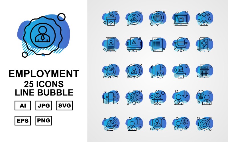 Download Набор иконок "25 Premium Employment Line Bubble Icon Set" / 25 Premium Employment Line Bubble Icon Set - Набор иконок lecture,focus,avatar,worker,employee,aim,briefcase,laptop,cv,lcd,curriculum vitae,chair,mobile,rocket,mouse,user,calculator,baggage,setting,icon