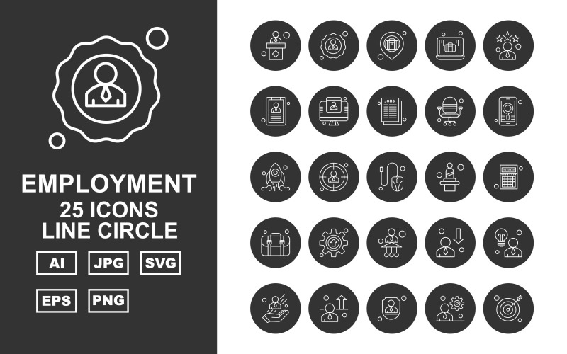 Download Набор иконок "25 Premium Employment Line Circle Icon Set" / 25 Premium Employment Line Circle Icon Set - Набор иконок lecture,focus,avatar,worker,employee,aim,briefcase,laptop,cv,lcd,curriculum vitae,chair,mobile,rocket,mouse,user,calculator,baggage,setting,icon