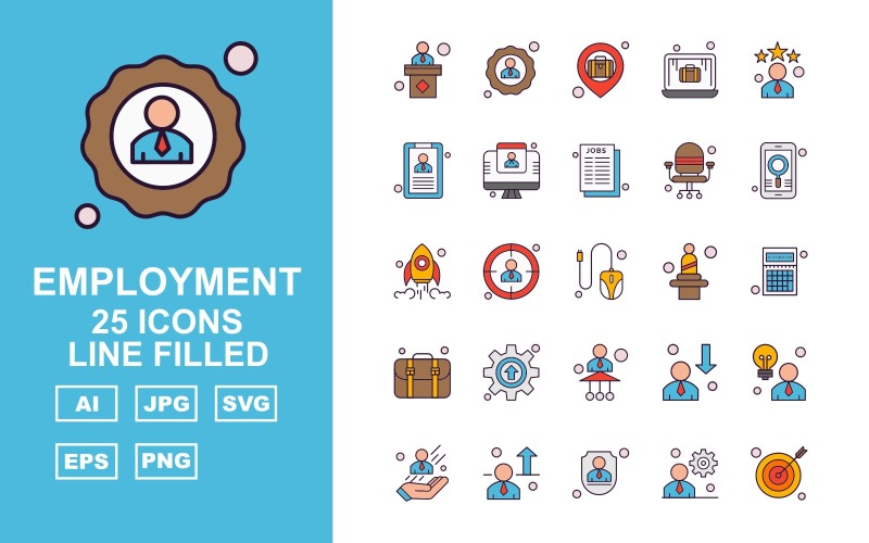 Download Набор иконок "25 Premium Employment Line Filled Icon Set" / 25 Premium Employment Line Filled Icon Set - Набор иконок lecture,focus,avatar,worker,employee,aim,briefcase,laptop,cv,lcd,curriculum vitae,chair,mobile,rocket,mouse,user,calculator,baggage,setting,icon