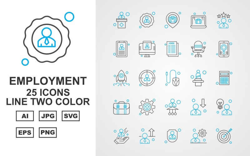 Download Набор иконок "25 Premium Employment Line Two Color Icon Set" / 25 Premium Employment Line Two Color Icon Set - Набор иконок lecture,focus,avatar,worker,employee,aim,briefcase,laptop,cv,lcd,curriculum vitae,chair,mobile,rocket,mouse,user,calculator,baggage,setting,icon