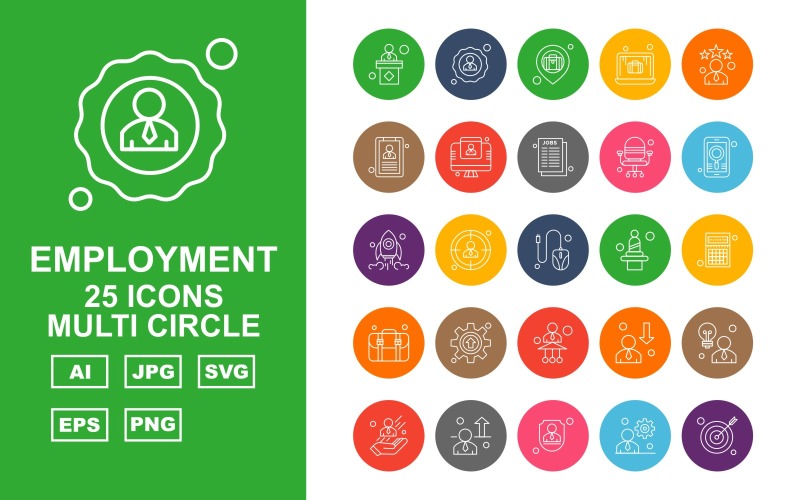 Download Набор иконок "25 Premium Employment Multi Circle Icon Set" / 25 Premium Employment Multi Circle Icon Set - Набор иконок lecture,focus,avatar,worker,employee,aim,briefcase,laptop,cv,lcd,curriculum vitae,chair,mobile,rocket,mouse,user,calculator,baggage,setting,icon