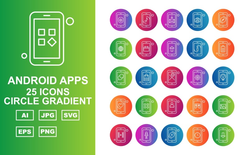 25 aplicaciones premium de Android conjunto de iconos de degradado circular