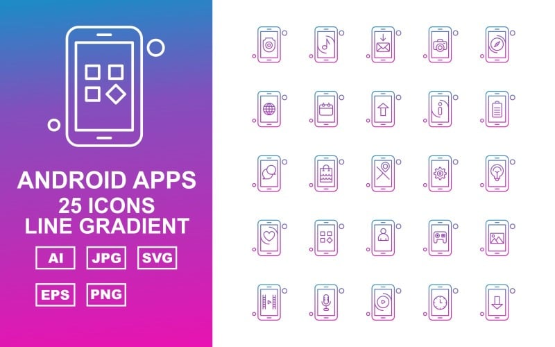 Conjunto de ícones de gradiente de linha de 25 apps Android premium