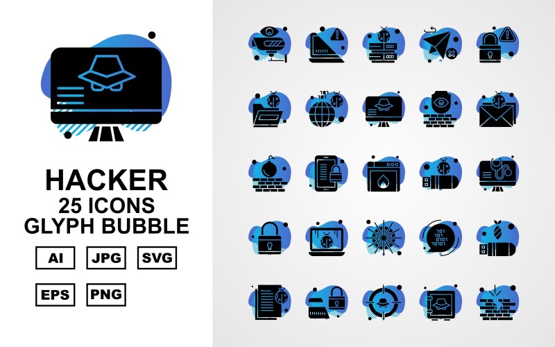 25 Conjunto de ícones premium de bolhas de glifo de hackers