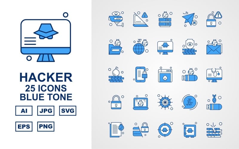 25 Conjunto de iconos de tono azul Premium Hacker