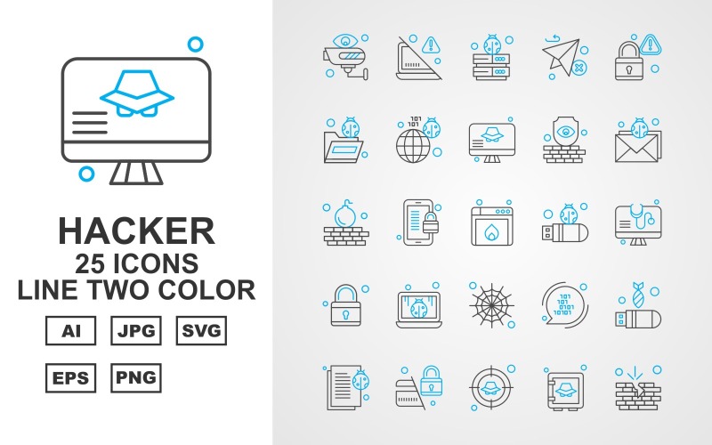 Ensemble d'icônes de couleur deux lignes de hacker premium 25