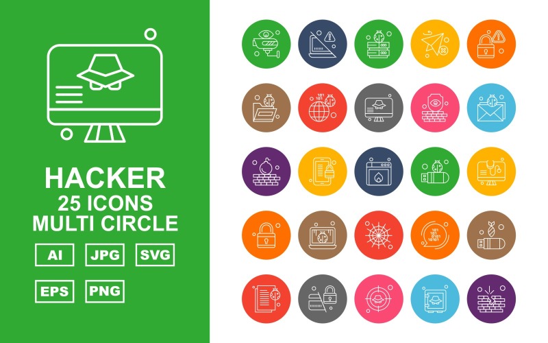 Набор из 25 значков Premium Hacker Multi Circle