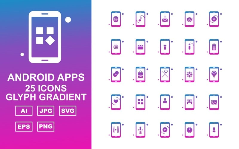25 премиальных приложений Android Glyph Gradient Icon Set