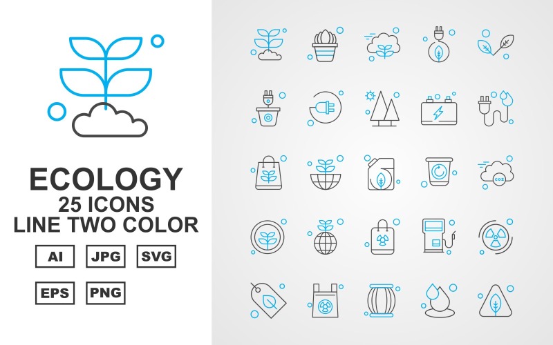 25 premium ecologie lijn twee kleuren icon set