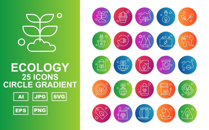 Download Набор иконок "25 Premium Ecology Circle Gradient Icon Set" / 25 Premium Ecology Circle Gradient Icon Set - Набор иконок на тему nature plant,earth,station,radiation,leaf,power,drum,drop,tree,pot,plug,battery,bag,recycle,cloud,icon,icons