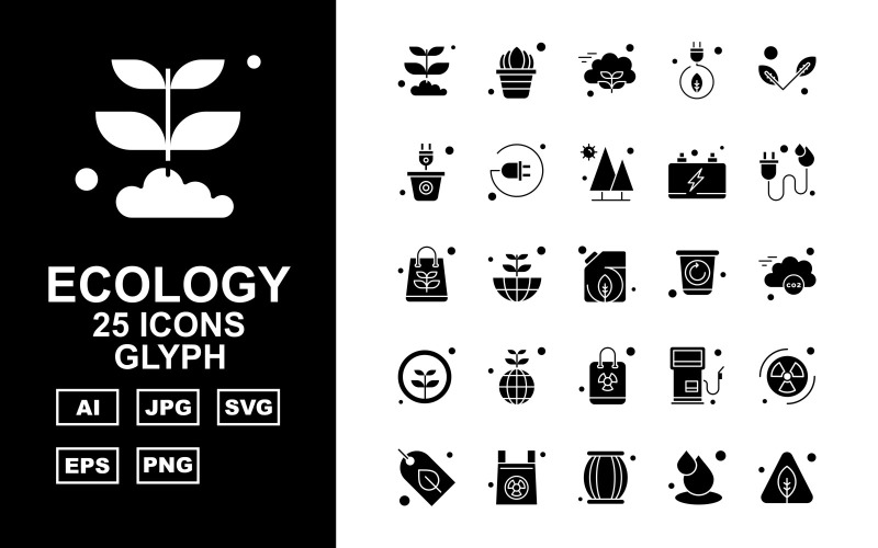 Download Набор иконок "25 Premium Ecology Glyph Icon Set" / 25 Premium Ecology Glyph Icon Set - Набор иконок на тему nature plant,earth,station,radiation,leaf,power,drum,drop,tree,pot,plug,battery,bag,recycle,cloud,icon,icons
