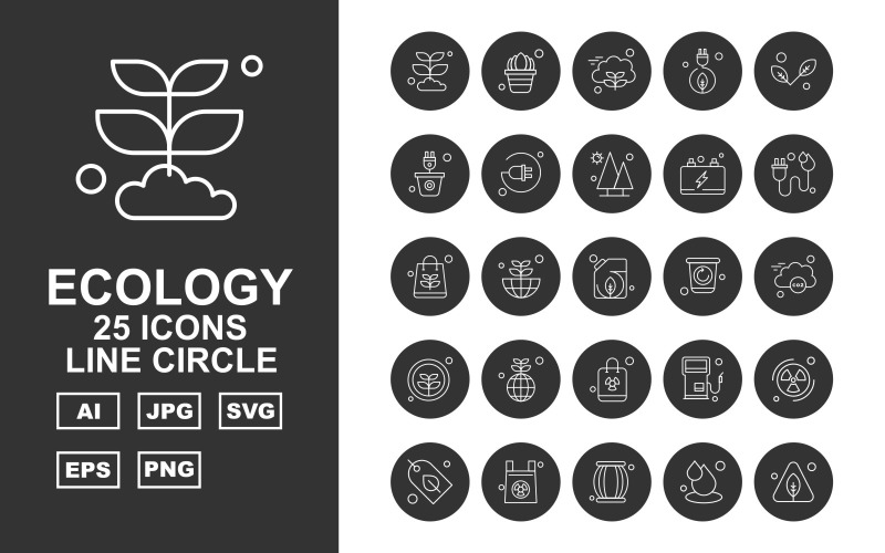 Download Набор иконок "25 Premium Ecology Line Circle Icon Set" / 25 Premium Ecology Line Circle Icon Set - Набор иконок на тему nature plant,earth,station,radiation,leaf,power,drum,drop,tree,pot,plug,battery,bag,recycle,cloud,icon,icons