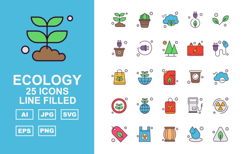 Download Набор иконок "25 Premium Ecology Line Filled Icon Set" / 25 Premium Ecology Line Filled Icon Set - Набор иконок на тему nature plant,earth,station,radiation,leaf,power,drum,drop,tree,pot,plug,battery,bag,recycle,cloud,icon,icons