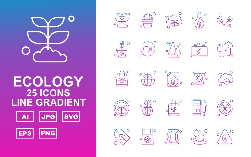 Download Набор иконок "25 Premium Ecology Line Gradient Icon Set" / 25 Premium Ecology Line Gradient Icon Set - Набор иконок на тему nature plant,earth,station,radiation,leaf,power,drum,drop,tree,pot,plug,battery,bag,recycle,cloud,icon,icons