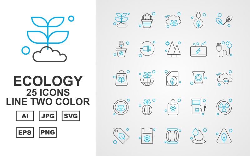 Download Набор иконок "25 Premium Ecology Line Two Color Icon Set" / 25 Premium Ecology Line Two Color Icon Set - Набор иконок на тему nature plant,earth,station,radiation,leaf,power,drum,drop,tree,pot,plug,battery,bag,recycle,cloud,icon,icons