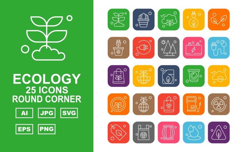 Download Набор иконок "25 Premium Ecology Round Corner Icon Set" / 25 Premium Ecology Round Corner Icon Set - Набор иконок на тему nature plant,earth,station,radiation,leaf,power,drum,drop,tree,pot,plug,battery,bag,recycle,cloud,icon,icons