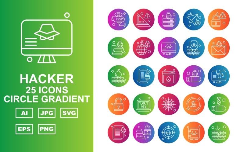 25 Premium Hacker Circle Set di icone gradiente