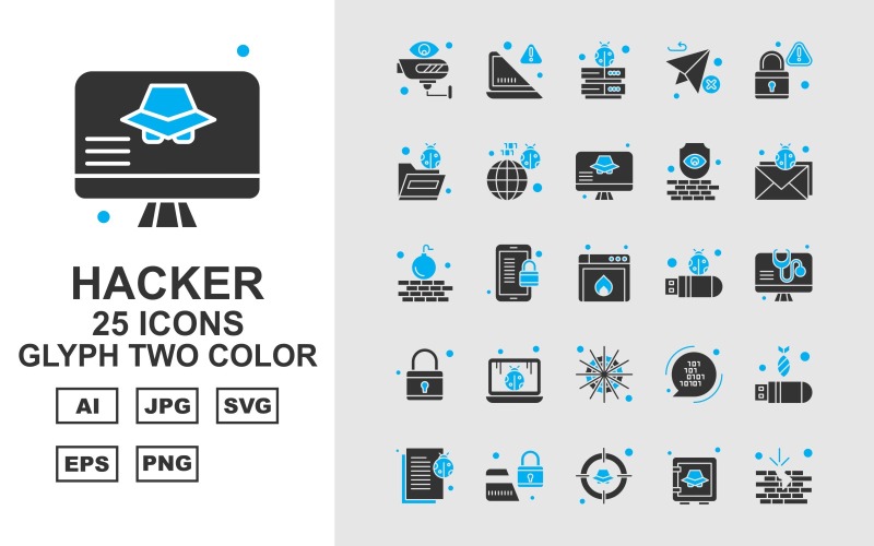25 Premium Hacker Glyph İki Renkli Simge Seti