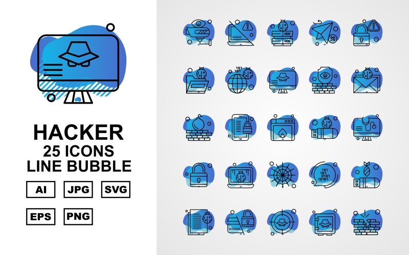 Download Набор иконок "25 Premium Hacker Line Bubble Icon Set" / 25 Premium Hacker Line Bubble Icon Set - Набор иконок на тему computer camera,lock,code,usb,bug,atm card,aim,safe,brick,laptop,server,email,folder,earth,lcd,icon,icons