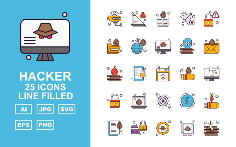 25 Premium Hacker Line Filled Icon Set