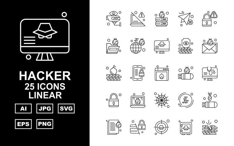25 Premium Hacker lineaire pictogramserie