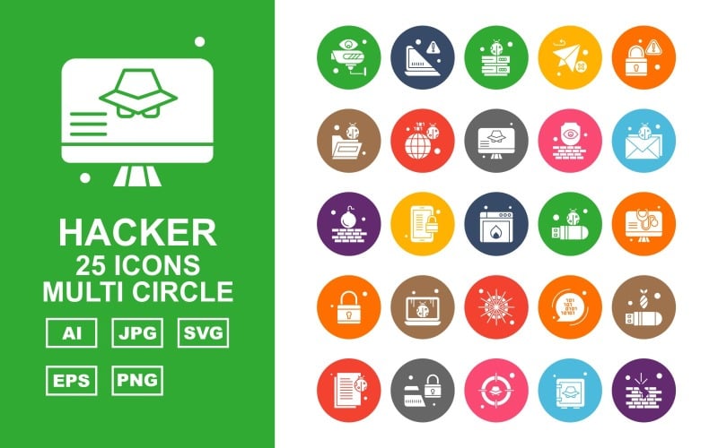 Download Набор иконок "25 Premium Hacker Multi Circle Icon Set" / 25 Premium Hacker Multi Circle Icon Set - Набор иконок на тему computer camera,lock,code,usb,bug,atm card,aim,safe,brick,laptop,server,email,folder,earth,lcd,icon,icons