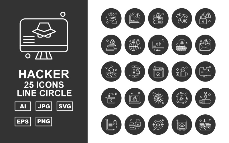 Sada ikon 25 Premium Hacker Line Circle