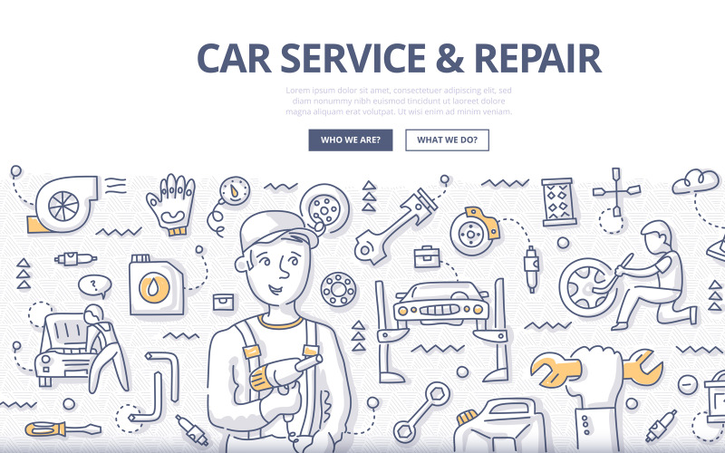 Concepto de Doodle de servicio y reparación de automóviles - Imagen vectorial