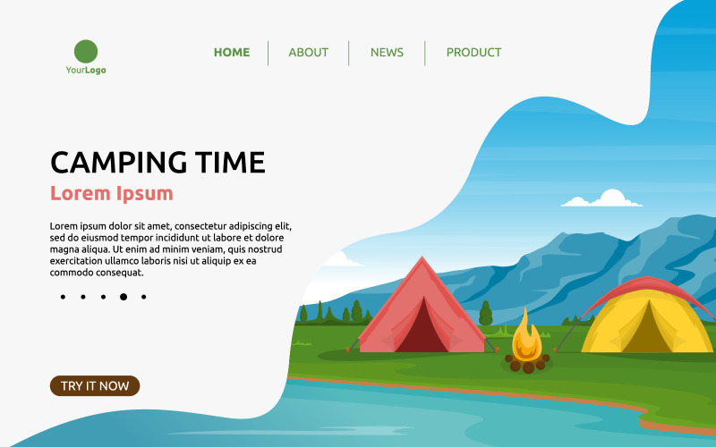 Download Иллюстрация "Camping Landing Page - Illustration" / Camping Landing Page - Illustration - Иллюстрация на тему графика camping,adventure,lake,nature,landscape,cartoon,landing,page,web,template,illustration,vector,site,travel,journey,backpack,hike,mountain,man,flat