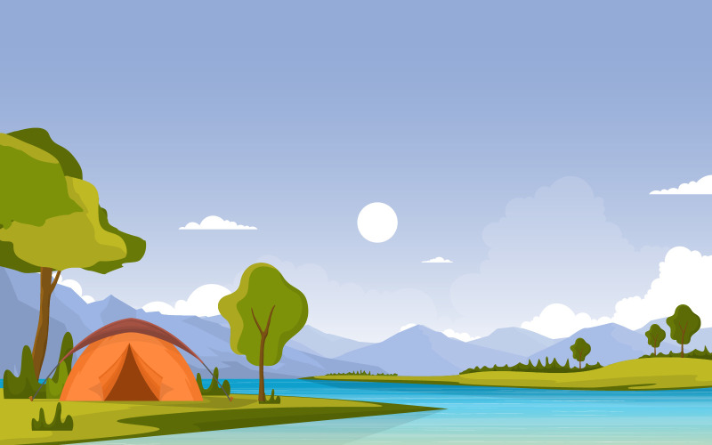 Camping River Landscape - Illustration