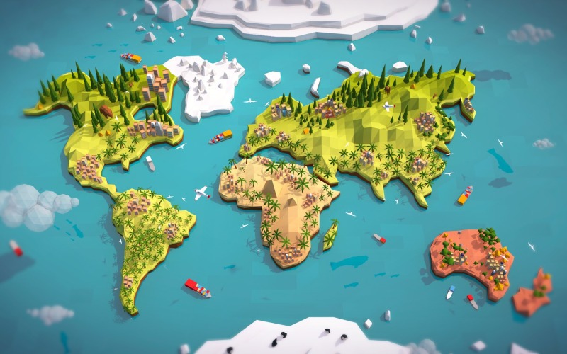 Çizgi Film Düşük Poli Dünya Dünya Haritası 3D Modeli