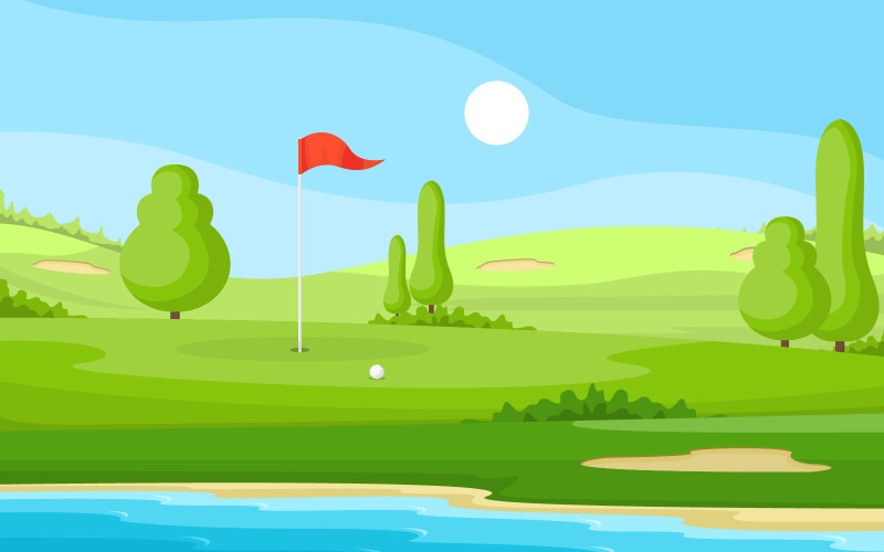 Download Иллюстрация "Field Golf Flag - Illustration" / Field Golf Flag - Illustration - Иллюстрация на тему графика golf,field,flag,pond,grass,tree,outdoor,sport,landscape,vector,illustration,lake,cartoon,background,hole,green,bunker,countryside,sand,ball