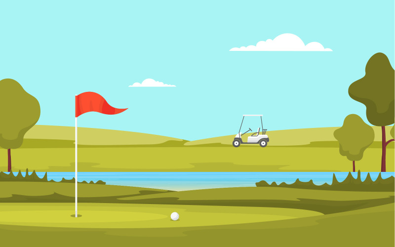 Download Иллюстрация "Flag Field Golf - Illustration" / Flag Field Golf - Illustration - Иллюстрация на тему графика golf,field,flag,pond,grass,tree,outdoor,sport,landscape,vector,illustration,lake,cartoon,background,hole,green,bunker,countryside,sand,ball
