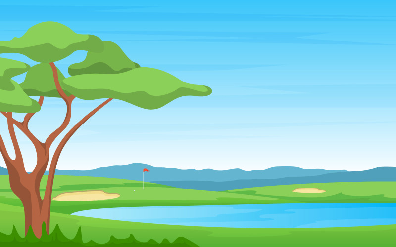 Download Иллюстрация "Flag Golf Field - Illustration" / Flag Golf Field - Illustration - Иллюстрация на тему графика golf,field,flag,pond,grass,tree,outdoor,sport,landscape,vector,illustration,lake,cartoon,background,hole,green,bunker,countryside,sand,ball