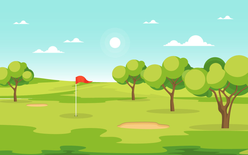 Download Иллюстрация "Golf Field Outdoor - Illustration" / Golf Field Outdoor - Illustration - Иллюстрация на тему графика golf,field,green,grass,tree,outdoor,sport,landscape,vector,illustration,cartoon,background,hole,bunker,countryside,flag,sand,sky,summer,equipment