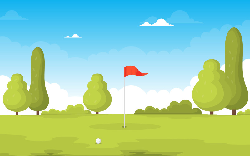 Download Иллюстрация "Golf Flag Field - Illustration" / Golf Flag Field - Illustration - Иллюстрация на тему графика golf,field,green,grass,tree,outdoor,sport,landscape,vector,illustration,cartoon,background,hole,bunker,countryside,flag,sand,sky,summer,equipment