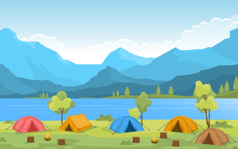 Download Иллюстрация "Lake Camping Adventure - Illustration" / Lake Camping Adventure - Illustration - Иллюстрация на тему графика camping,adventure,outdoor,park,lake,nature,landscape,cartoon,illustration,vector,mountain,poster,trail,view,art,forest,moon,river,wonderland,tent