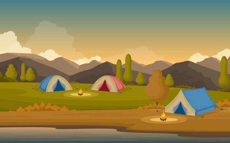 Download Иллюстрация "Mountain Camping Adventure - Illustration" / Mountain Camping Adventure - Illustration - Иллюстрация на тему графика camping,adventure,outdoor,park,mountain,nature,landscape,cartoon,illustration,night,lake,vector,poster,trail,view,art,forest,moon,river,wonderland