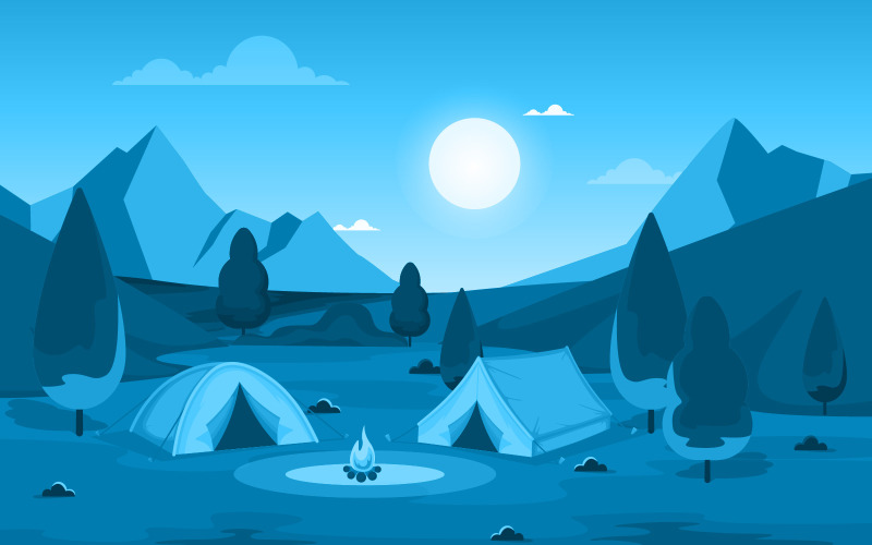 Download Иллюстрация "Outdoor Camping Night - Illustration" / Outdoor Camping Night - Illustration - Иллюстрация на тему графика camping,adventure,outdoor,park,mountain,nature,landscape,cartoon,illustration,night,lake,vector,poster,trail,view,art,forest,moon,river,wonderland