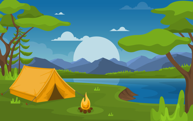Download Иллюстрация "Outdoor Camping Park - Illustration" / Outdoor Camping Park - Illustration - Иллюстрация на тему графика camping,adventure,outdoor,park,lake,nature,landscape,cartoon,illustration,vector,mountain,poster,trail,view,art,forest,moon,river,wonderland,tent