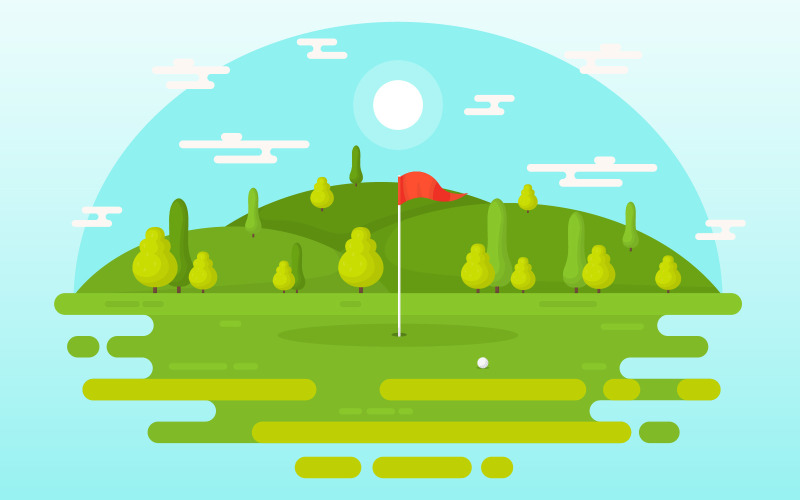 Download Иллюстрация "Outdoor Golf Field - Illustration" / Outdoor Golf Field - Illustration - Иллюстрация на тему графика golf,field,green,grass,tree,outdoor,sport,landscape,vector,illustration,cartoon,background,hole,bunker,countryside,flag,sand,sky,summer,equipment
