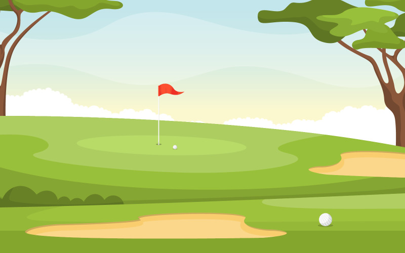 Download Иллюстрация "Outdoor Sport Field - Illustration" / Outdoor Sport Field - Illustration - Иллюстрация на тему графика golf,field,green,grass,tree,outdoor,sport,landscape,vector,illustration,cartoon,background,hole,bunker,countryside,flag,sand,sky,summer,equipment