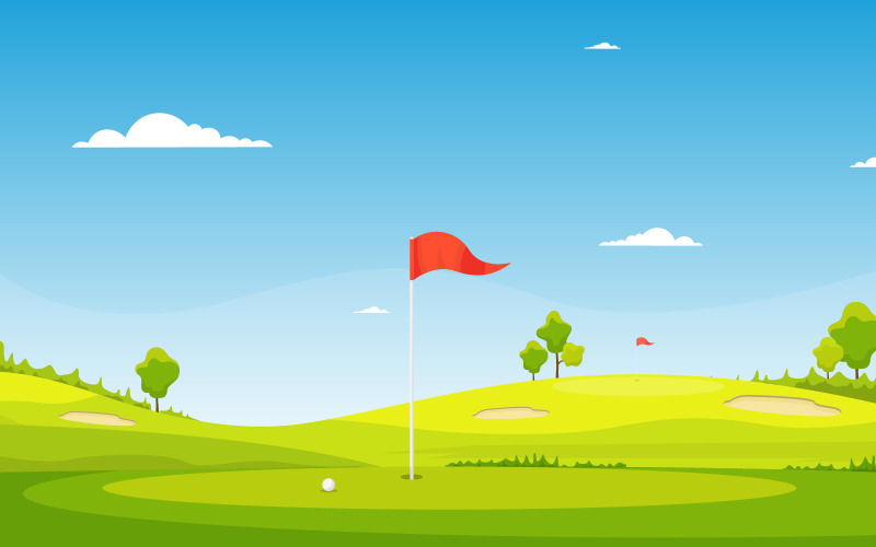 Download Иллюстрация "Outdoor Sport Landscape - Illustration" / Outdoor Sport Landscape - Illustration - Иллюстрация на тему графика golf,field,green,grass,tree,outdoor,sport,landscape,vector,illustration,cartoon,background,hole,bunker,countryside,flag,sand,sky,summer,equipment