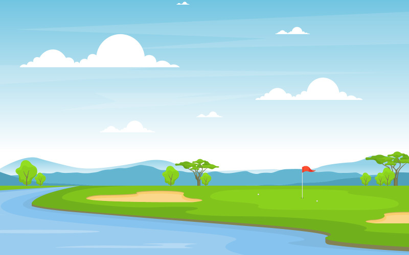 Download Иллюстрация "Pond Field Golf - Illustration" / Pond Field Golf - Illustration - Иллюстрация на тему графика golf,field,flag,pond,grass,tree,outdoor,sport,landscape,vector,illustration,lake,cartoon,background,hole,green,bunker,countryside,sand,ball