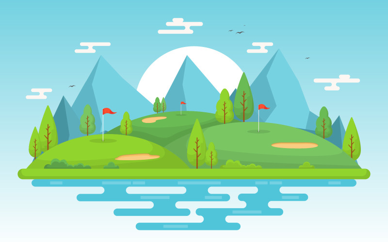 Download Иллюстрация "Pond Golf Field - Illustration" / Pond Golf Field - Illustration - Иллюстрация на тему графика golf,field,flag,pond,grass,tree,outdoor,sport,landscape,vector,illustration,lake,cartoon,background,hole,green,bunker,countryside,sand,ball
